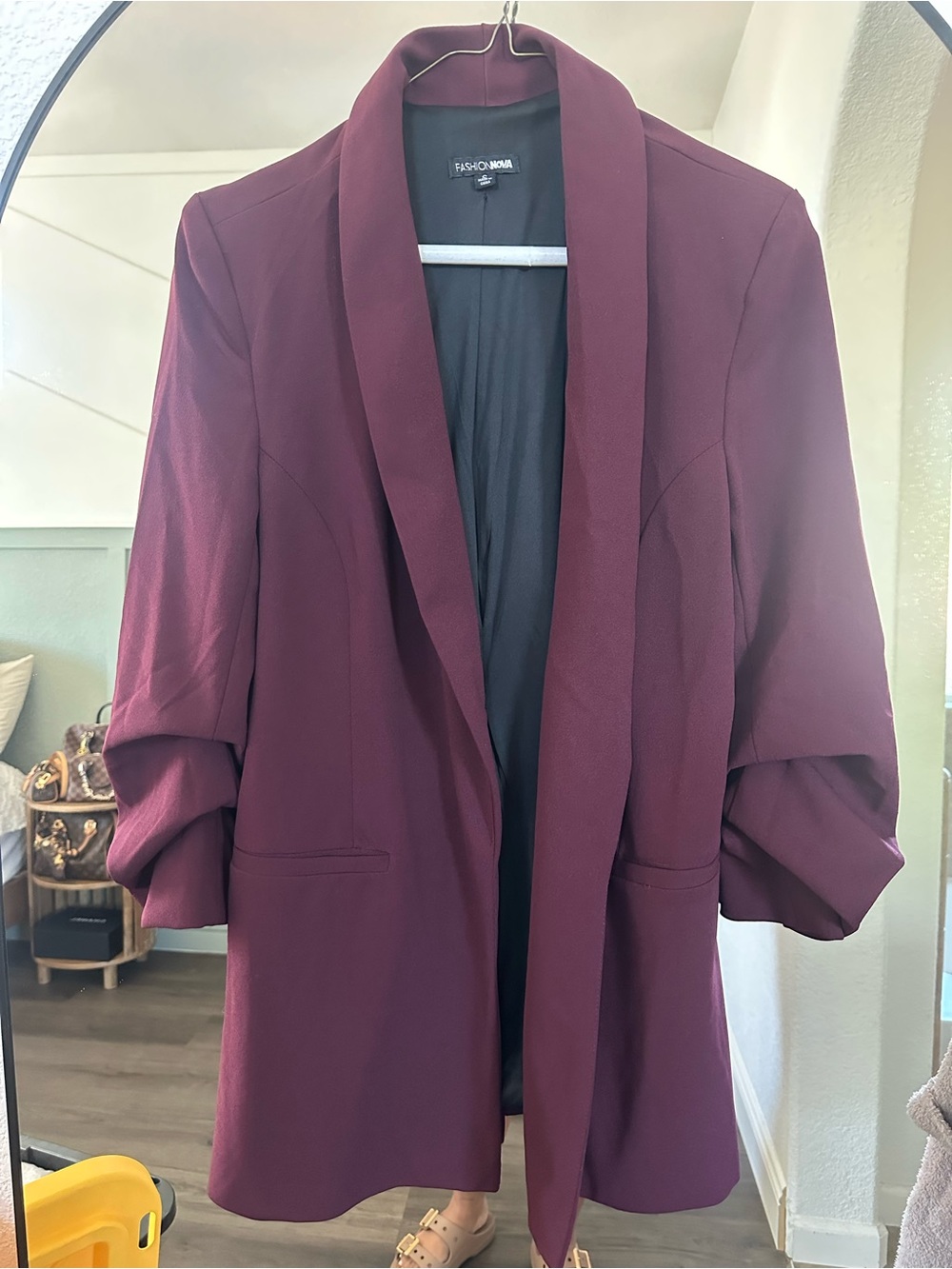 Fashion Nova Burgundy Open-Front Shawl Collar Blazer